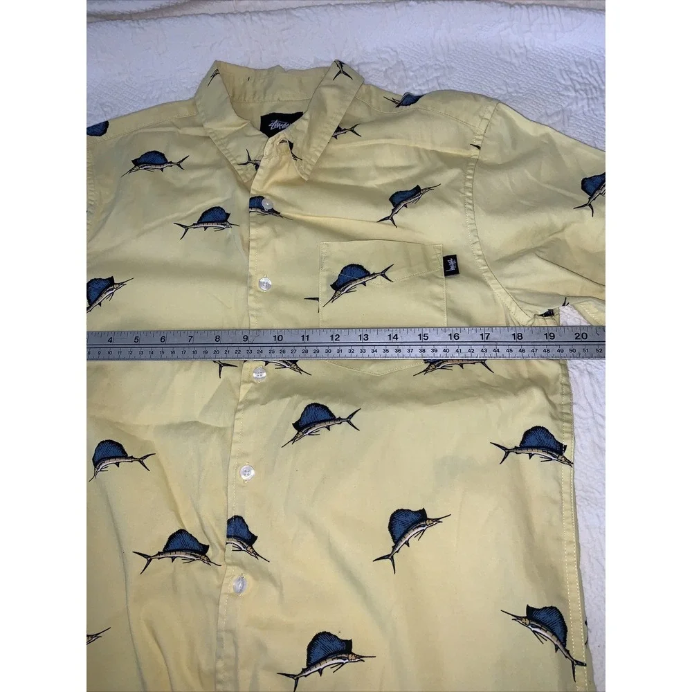 Stussy Marlins Hawaiian Button Up Shirt Yellow‎ Small Skate Fishing